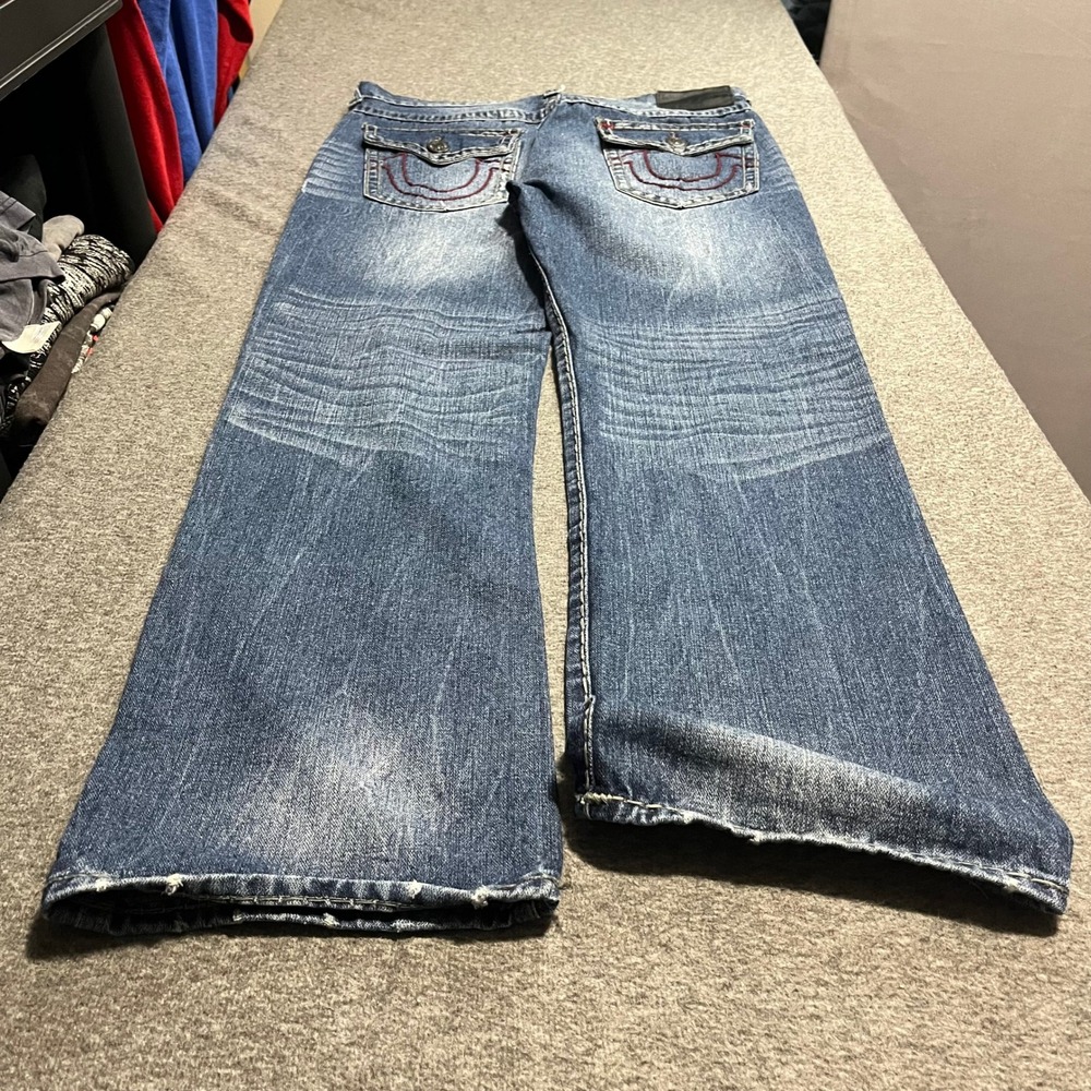 True Religion Ricky Relaxed Straight Distressed Jeans Mens 38x34 Blue USA Made